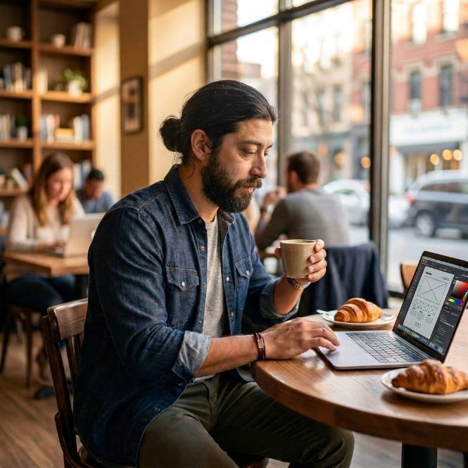 Emprendedor trabajando en cafetería