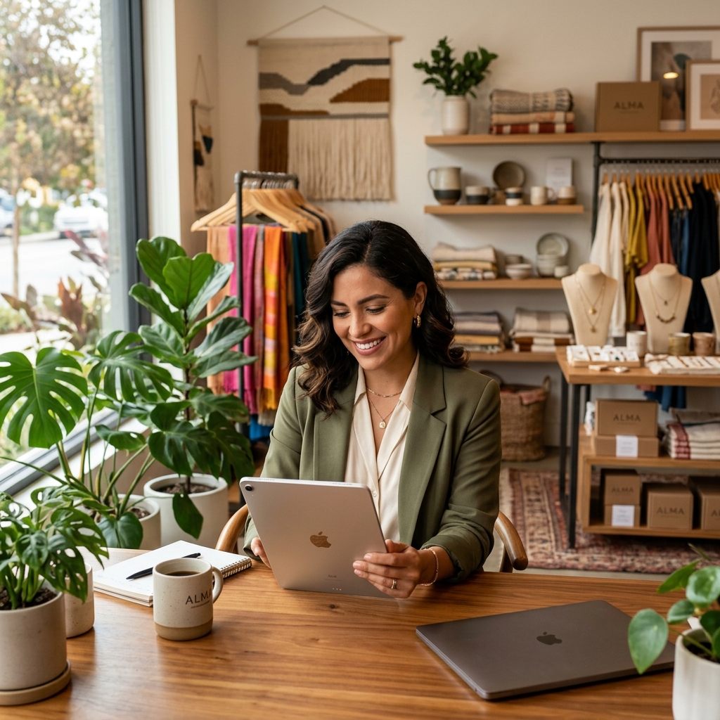 Emprendedora exitosa con su tienda online