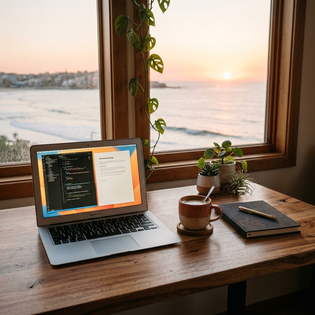 Escritorio con luz de atardecer, vista al horizonte
